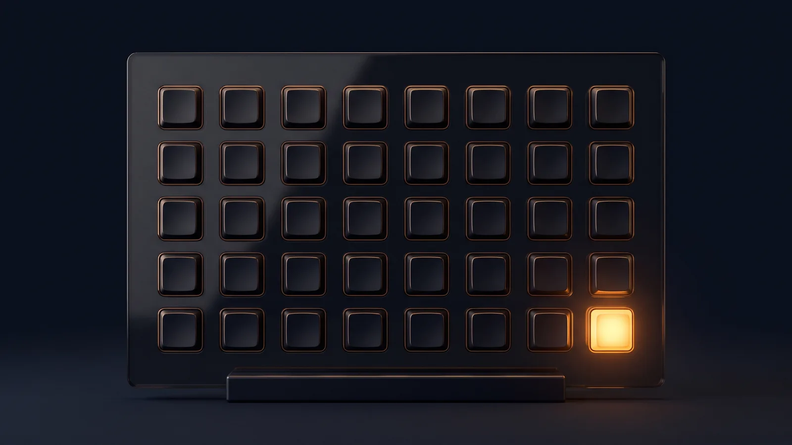 A broad upright dark glass panel on a low stand in a deep blue void holding a grid of small blank square keys, all dark except the single key in the bottom right corner glowing bright warm amber