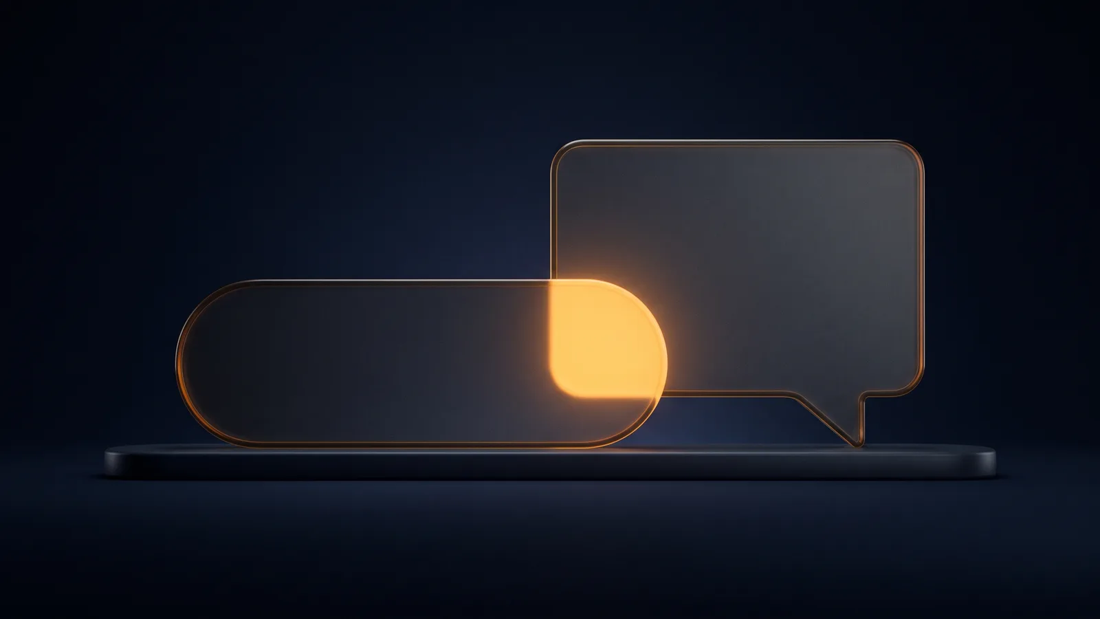 A dark glass search bar and a dark glass chat bubble standing side by side on a low base in a deep blue void, overlapping at one end where the shared region glows warm amber