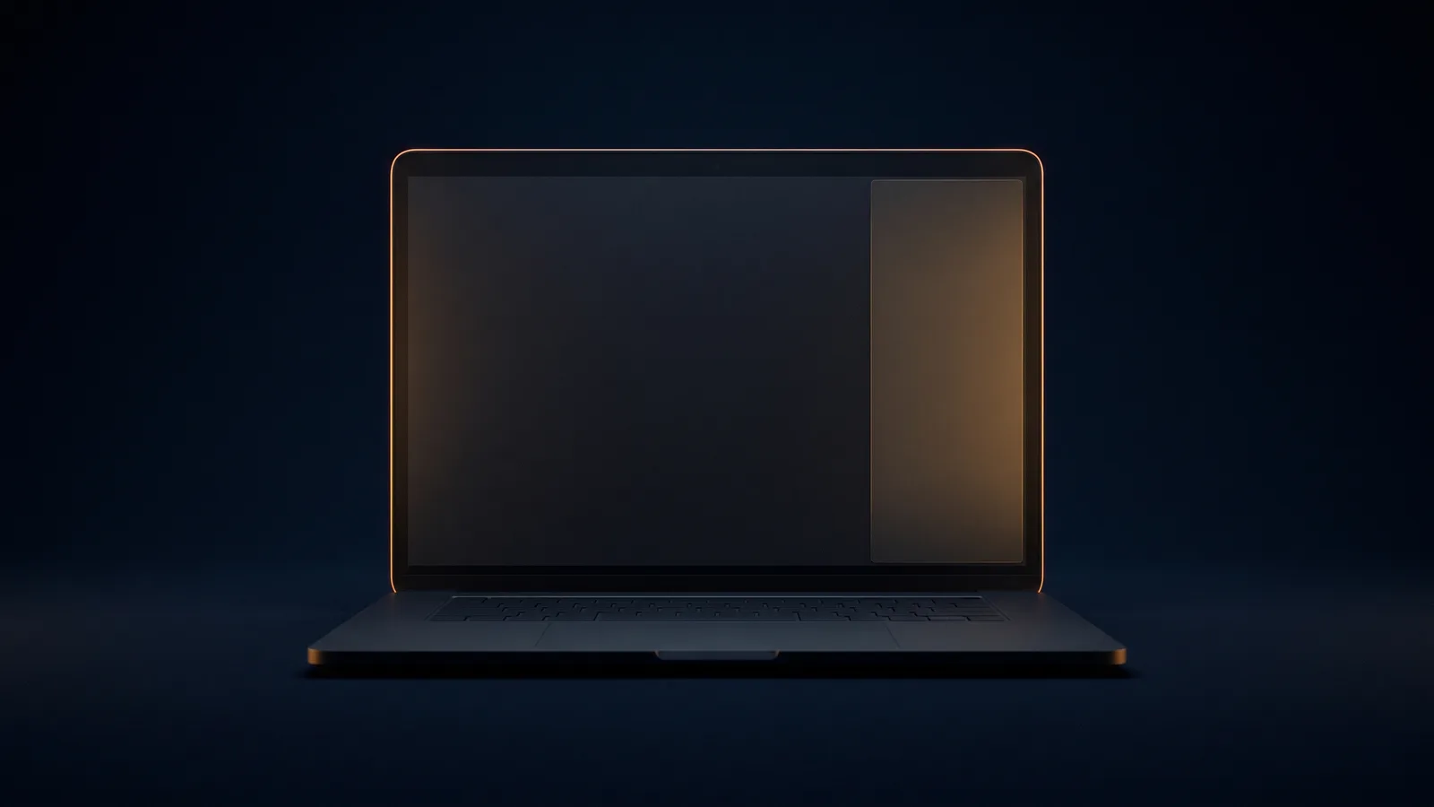 An open laptop seen straight on in a deep blue void, its blank screen dark except for one narrow side panel along the right edge glowing softly warm amber, the lid traced by a thin amber rim