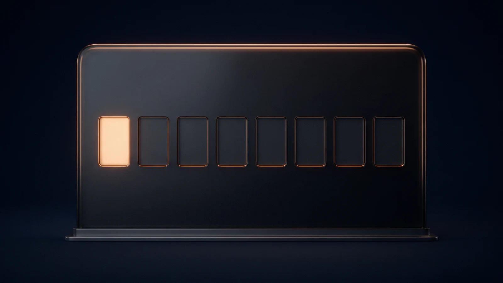 A broad upright indicator housing of dark smoked glass on a low base rail in a deep blue void, a single row of eight identical blank rectangular windows across its face, seven of them dark and only the leftmost one washed warm amber from inside the housing