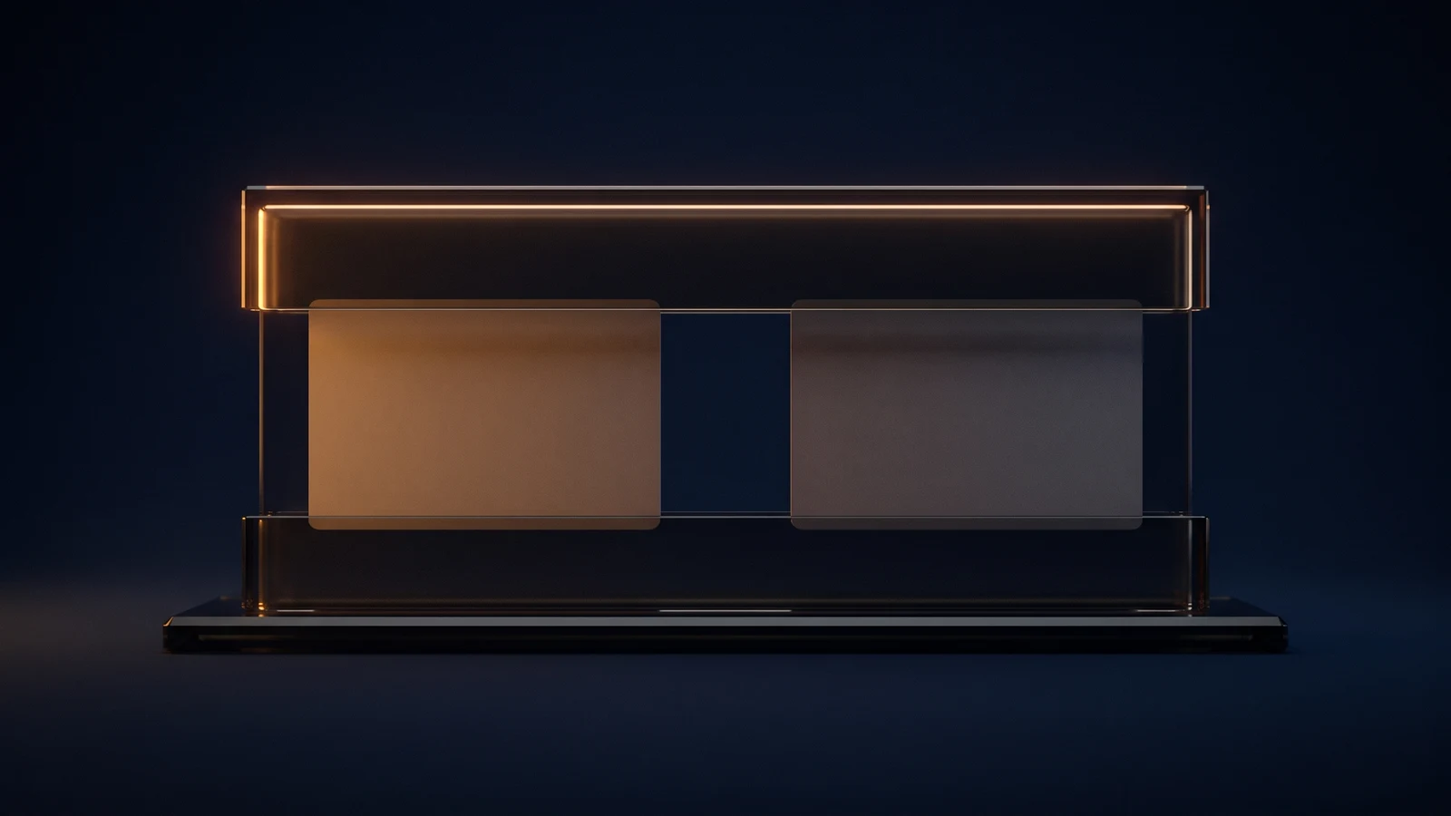 A broad blank clamping press of dark smoked glass in a deep blue void, two large unmarked cards held side by side under one lit bar with a clear dark gap between them, the left card washed warm amber and the right left dark