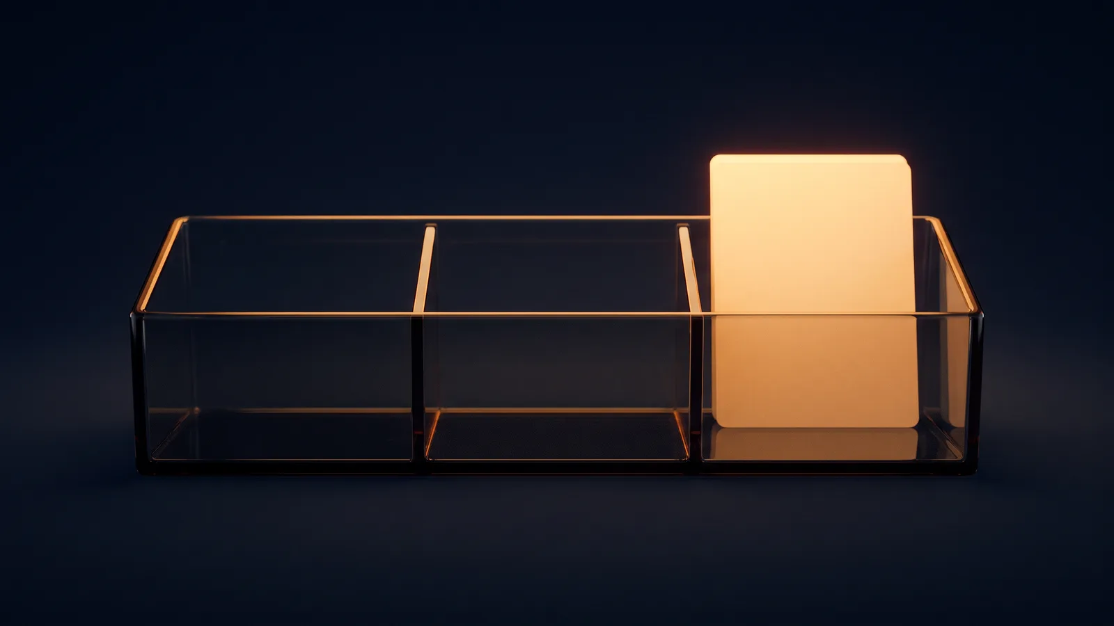 A low glass card sorter with three compartments in a deep blue void, rimmed in warm amber, a single blank card glowing amber in the right-hand compartment while the other two stand empty
