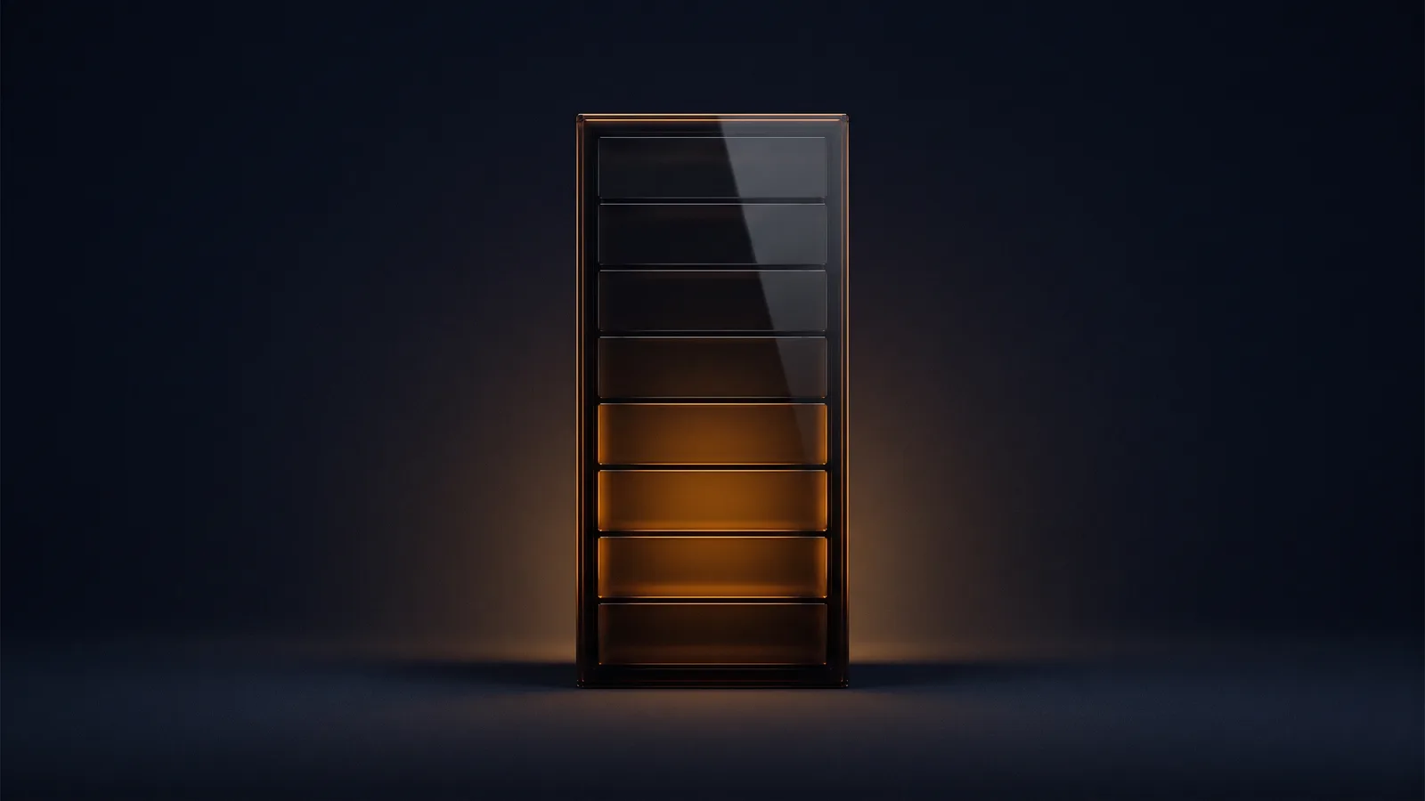 A tall upright server tower of dark smoked glass rimmed in amber in a deep blue void, eight blank drive bays stacked down its front, the lower half glowing warm amber and the upper half dark