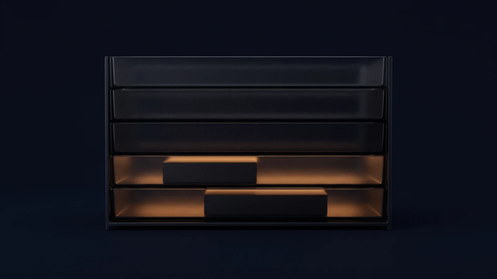 An upright stack of five identical broad shallow open trays of dark smoked glass resting on a low base rail in a deep blue void, every surface blank, the three upper trays empty and dark and the two lowest each holding one blank block with their interiors washed warm amber from within