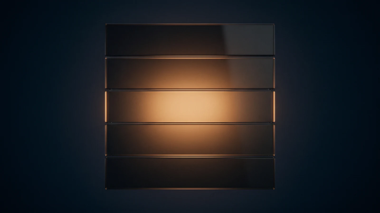A panel of dark smoked glass in a deep blue void divided into five stacked horizontal bars, the middle bar glowing warm amber from within, the other four dark but present