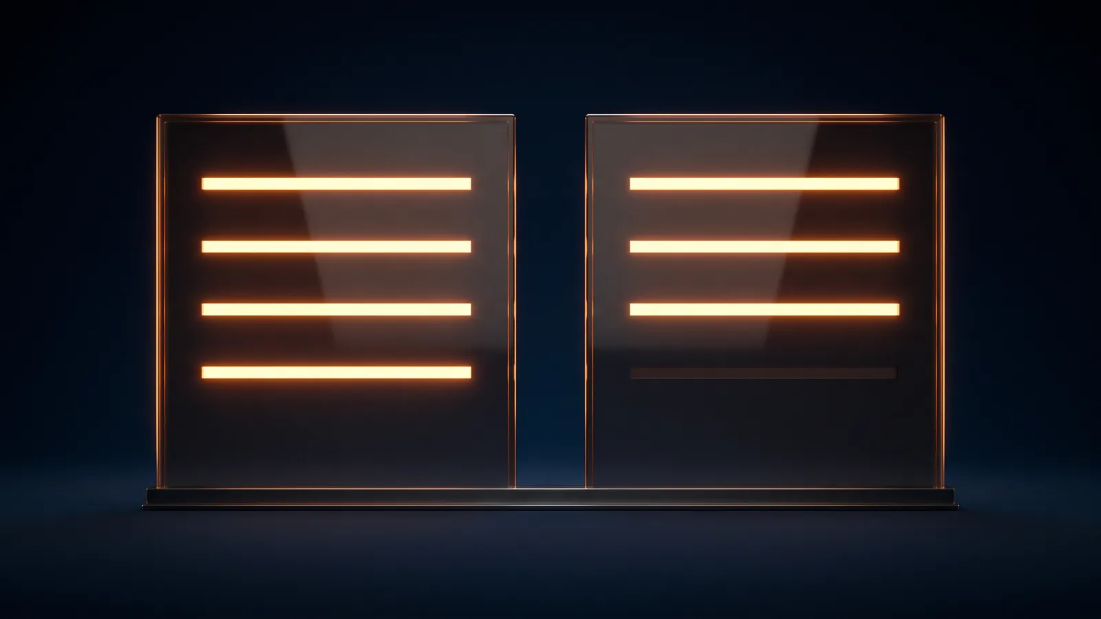 Two upright answer cards of dark smoked glass side by side on a low rail in a deep blue void, the left card with four blank rows glowing warm amber and the right card with the same top three rows lit and its bottom row dark