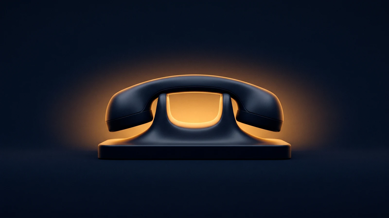 A dark matte desk telephone handset resting across its cradle in a deep blue void, seen dead-on, backlit by warm amber light rising from the base