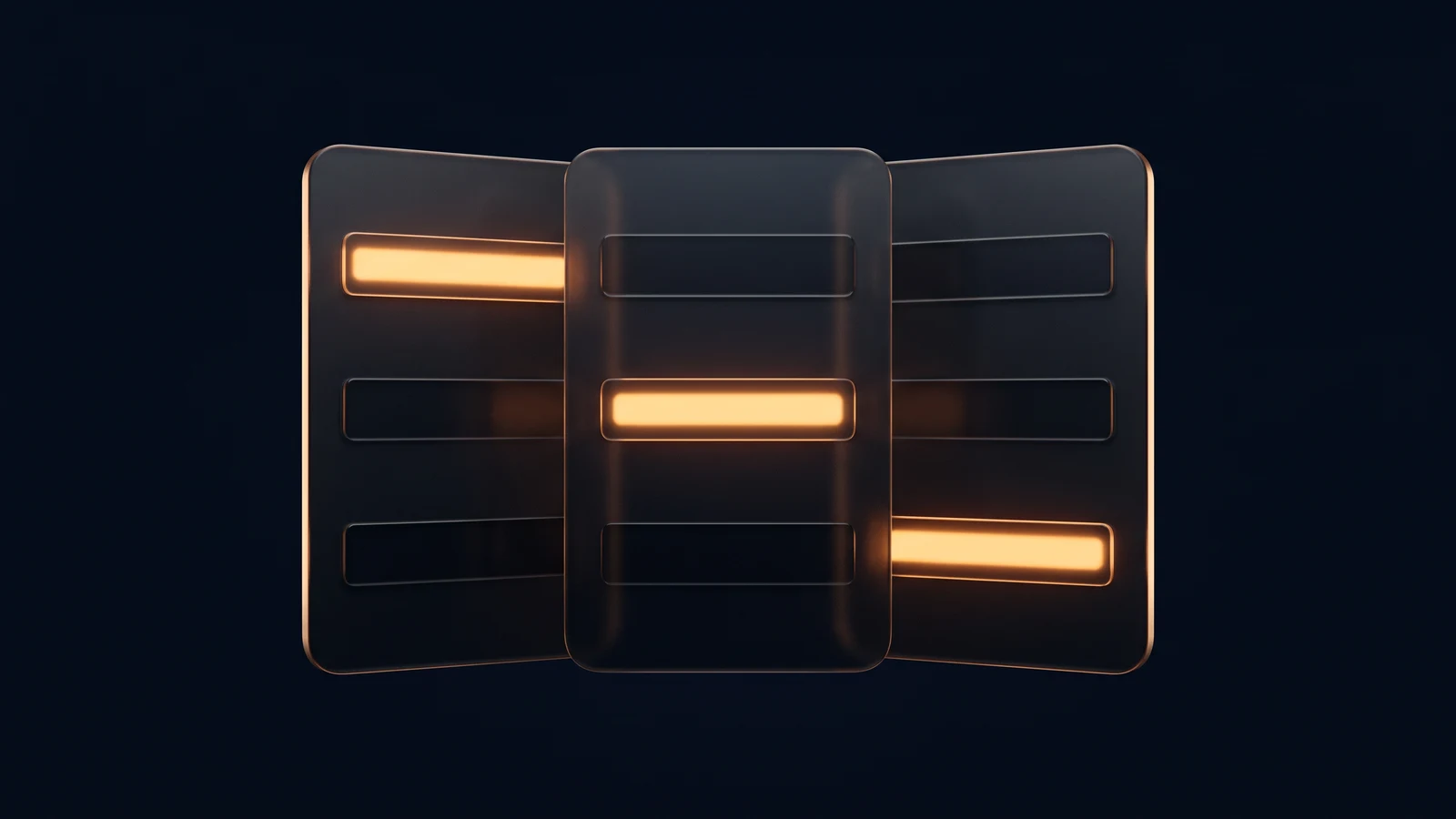 Three identical upright rounded cards of dark smoked glass standing shoulder to shoulder in a shallow fan in a deep blue void, each face blank apart from three plain horizontal recessed rows, exactly one row glowing warm amber on each card and at a different height on all three so that no two lit rows line up