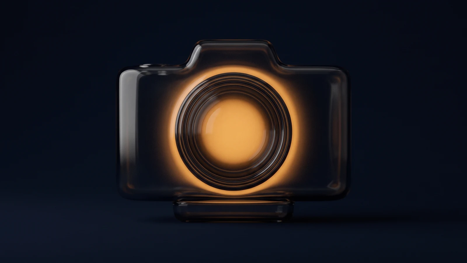 A broad camera body of dark smoked glass standing dead-on on a low base in a deep blue void, wide and squat with every surface completely blank, carrying one large round hollow barrel at the center of its front face that glows warm amber from deep inside