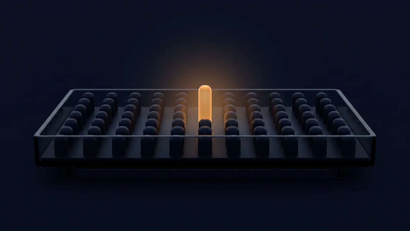 A broad flat tray of dark smoked glass resting on a low base in a deep blue void, holding a regular grid of many identical short blank markers all matte and very dark, with one single marker at the exact center standing much taller than the rest and glowing warm amber from inside its own body