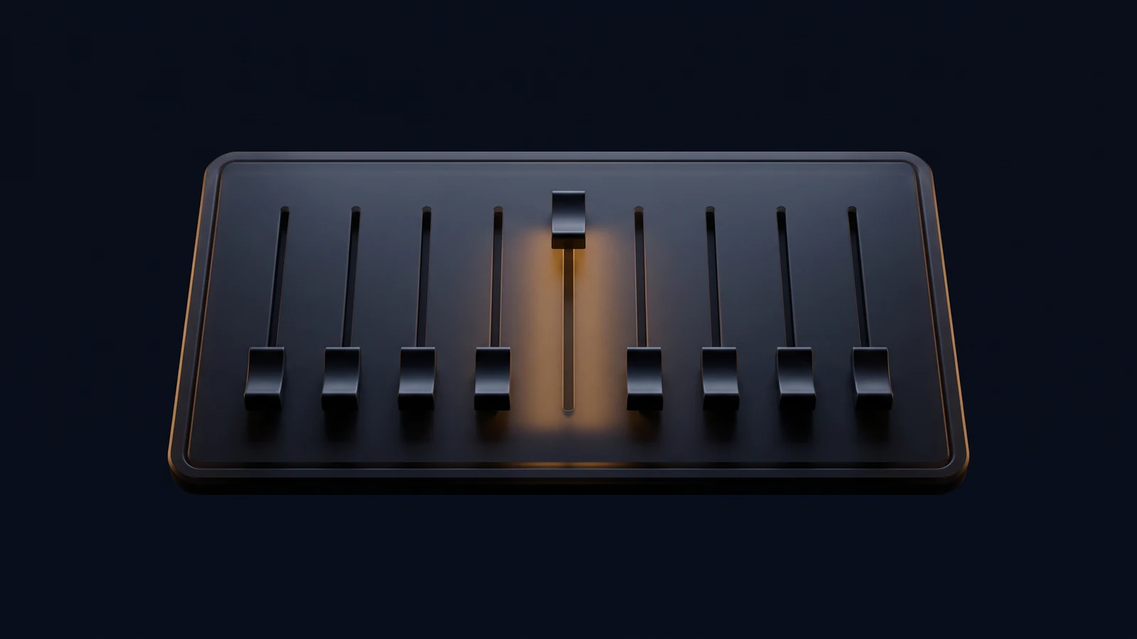 A broad blank control console of dark smoked glass in a deep blue void, a row of nine identical unmarked sliders, eight sitting low and dark and the middle one raised with its channel glowing warm amber
