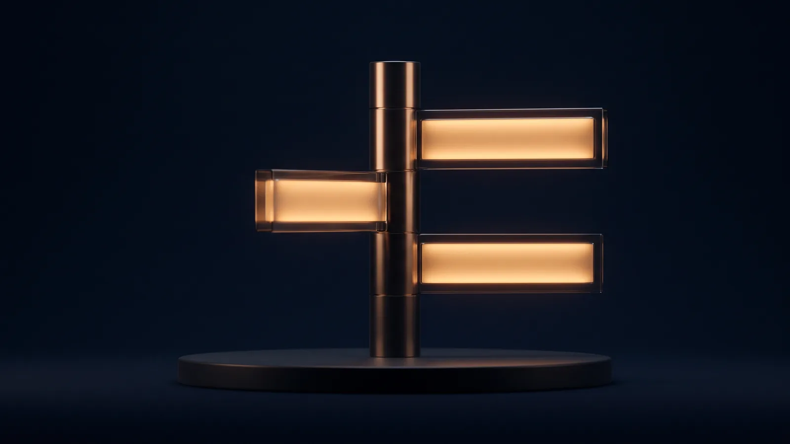An upright signpost of dark smoked glass on a round base in a deep blue void, three blank blades pointing outward from the post, each glowing warm amber from within