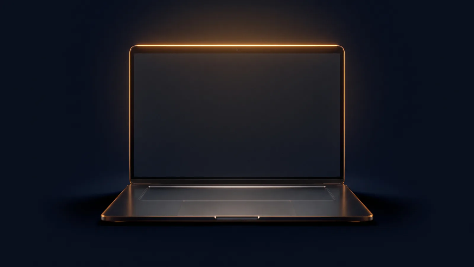 An open laptop of dark smoked glass in a deep blue void, its screen completely dark and empty, with only a thin line along the top edge of the screen frame glowing warm amber