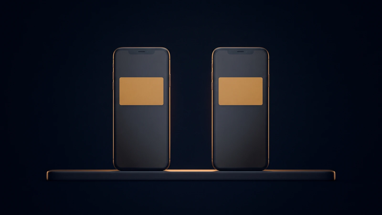 Two identical dark smartphones standing side by side on a low base rail in a deep blue void, separated by a dark gap, each blank screen showing one matching card glowing warm amber in the same place