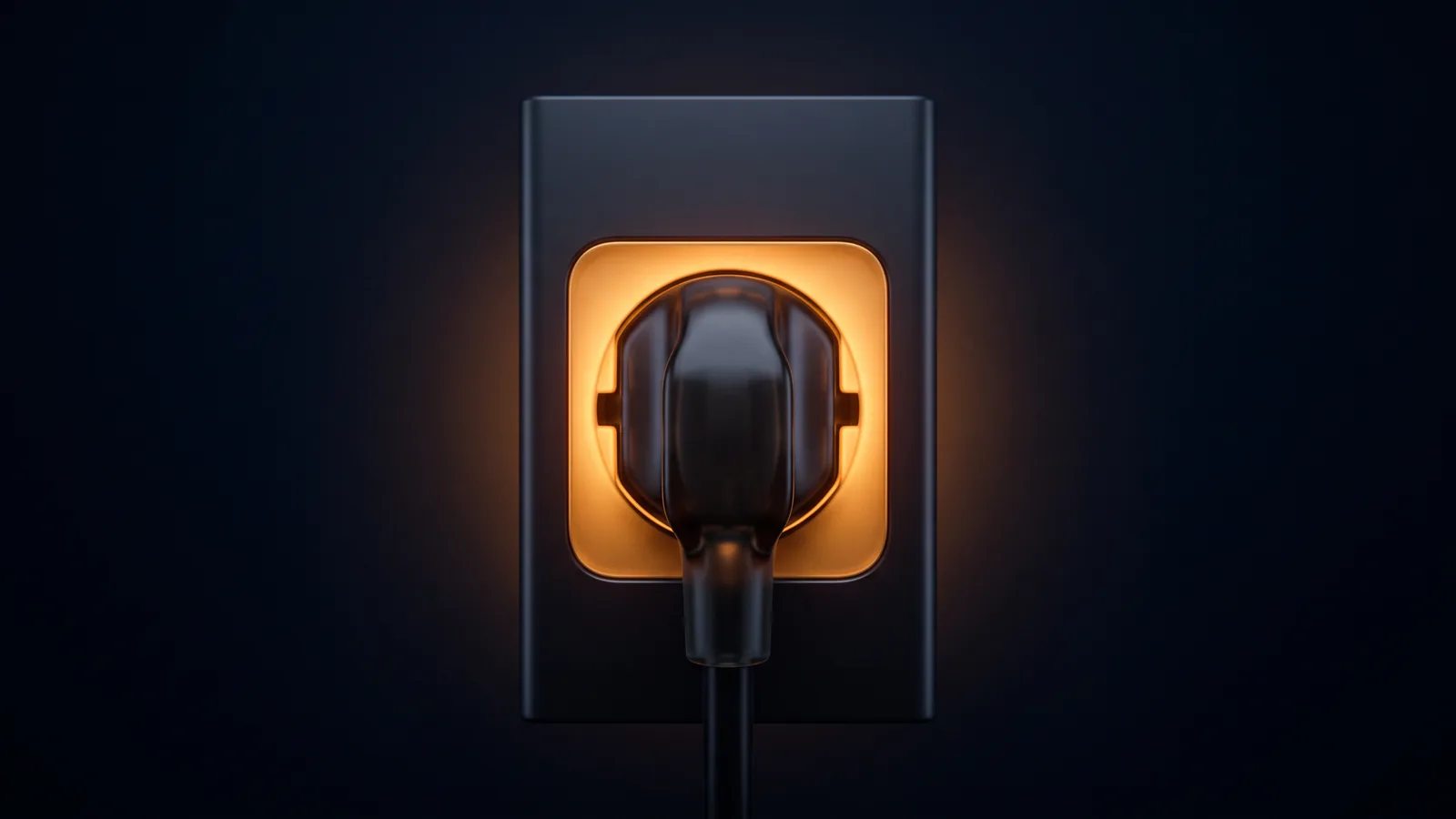 A large blank connector plug of dark smoked glass half inserted into an upright socket at the center of a deep blue void, the recess around it glowing warm amber