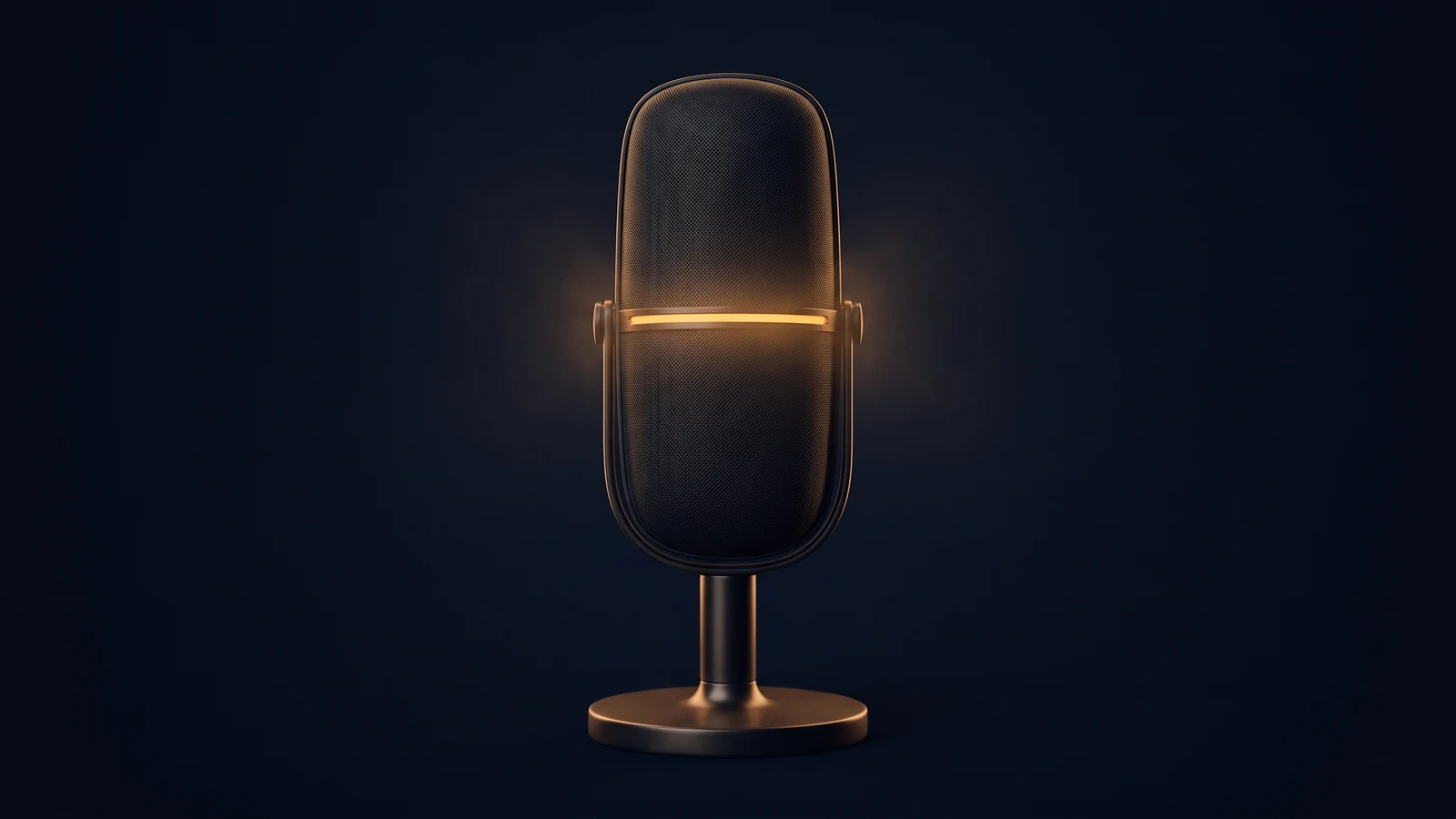 A single tall upright studio microphone standing dead-on on a low round base in a deep blue void, its head a broad dense blank grille of dark matte metal with one narrow horizontal band across the middle glowing warm amber from inside the head