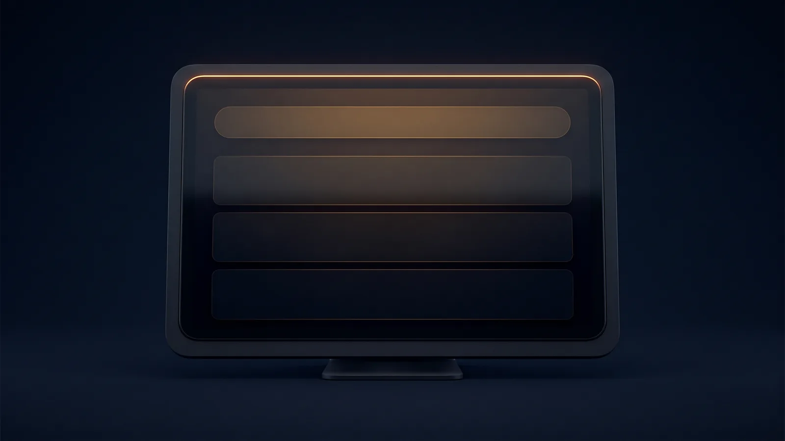 A dark landscape tablet on a short stand in a deep blue void, its blank screen carrying one long search bar glowing warm amber above three dark empty result rows