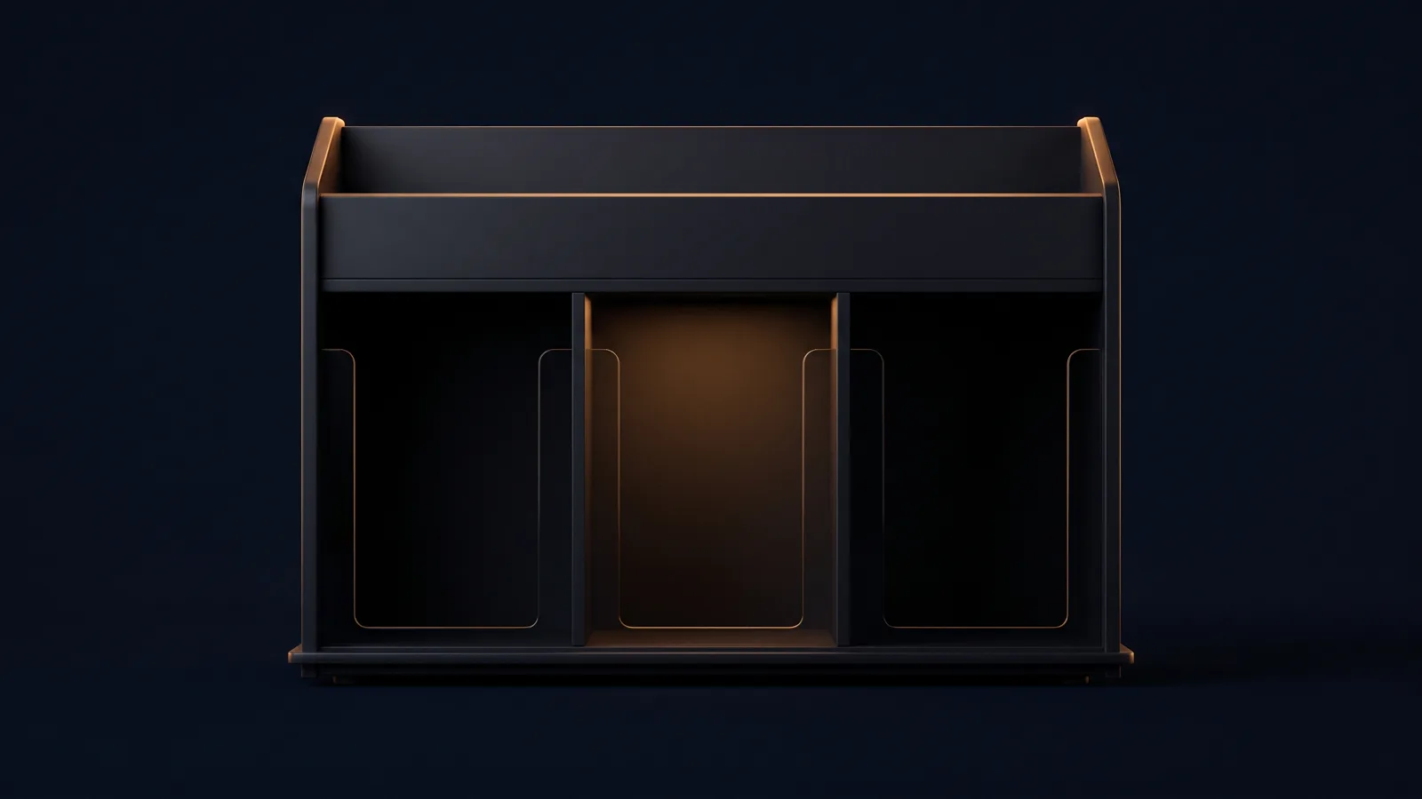 A broad blank dark sorting frame standing on a low rail in a deep blue void, one wide blank intake tray across its top feeding three separate open pockets below, the middle pocket washed warm amber from within and the outer two dark