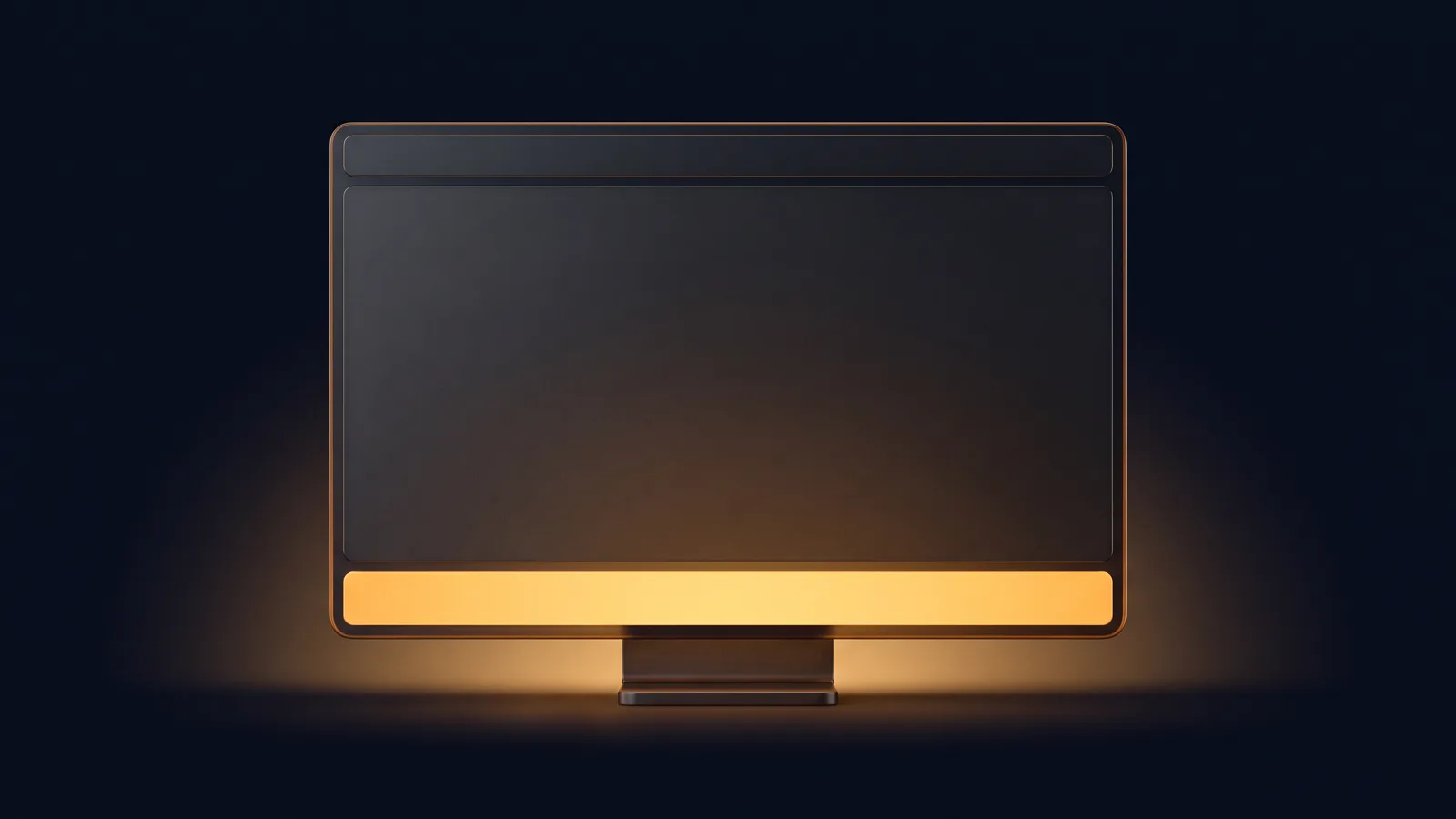 A wide upright browser window of dark smoked glass on a short stand in a deep blue void, a dark shutter pulled down over most of its blank screen and only a narrow band at the bottom glowing warm amber