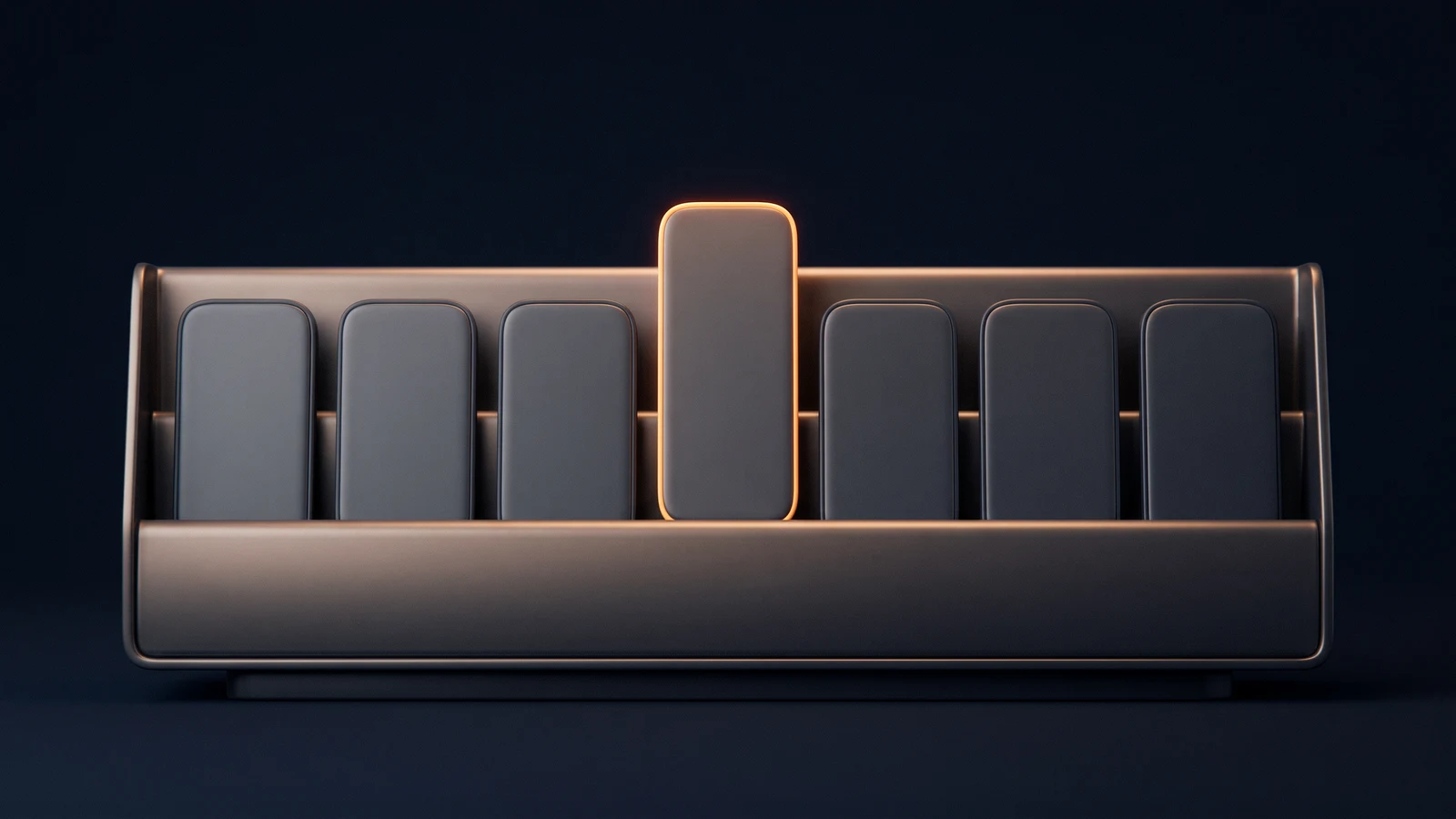 A broad multi-bay display rack of matte near-black charcoal standing dead-on on a low base in a deep blue void, seven identical completely blank upright slabs shoulder to shoulder in its bays, six sitting flush and dark and the one at the center standing proud with a soft warm amber rim along its edges