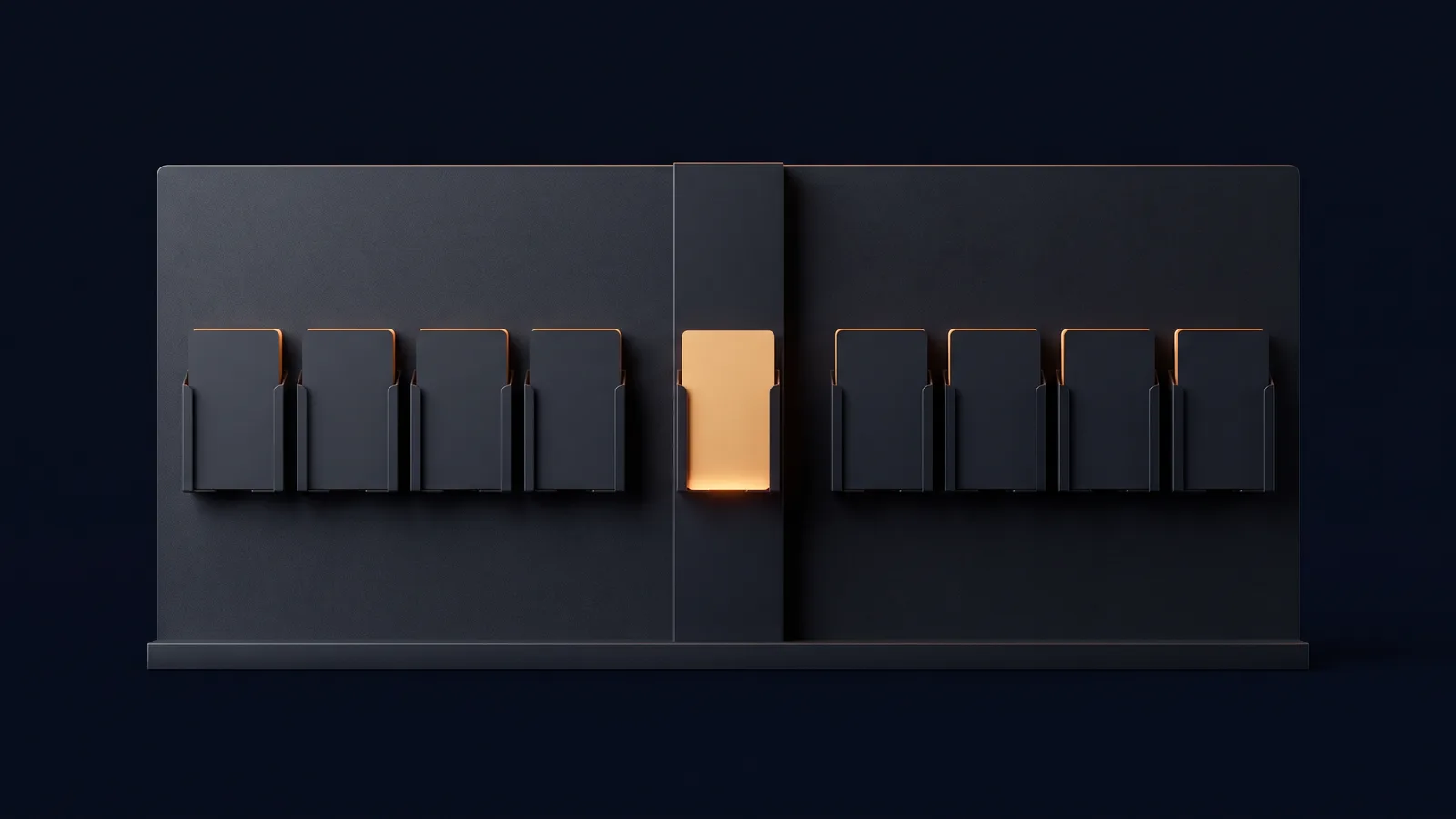 A broad dark card board in a deep blue void holding two groups of four blank unmarked cards, four to the left and four to the right, all of them dark, with one further blank card standing lit warm amber in the heavy divider column between the two groups