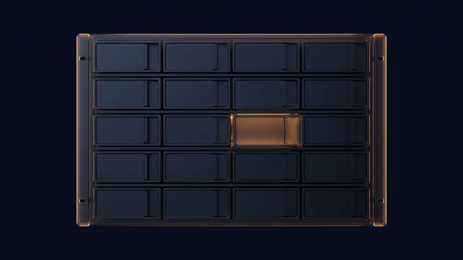 A tall broad rack-mount storage chassis of dark smoked glass standing dead-on in a deep blue void, rimmed with warm amber light, holding five stacked rows of four identical blank rectangular sleds, every sled dark and unlit except one in the middle row lit warm amber from within
