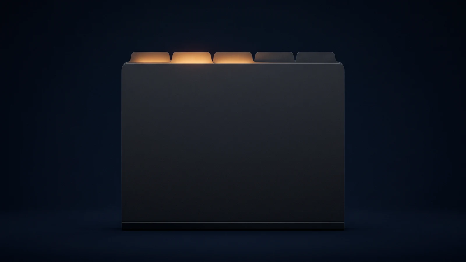 A broad upright document folder of matte near-black charcoal standing dead-on on a low base rail in a deep blue void, its face completely blank, five identical blank tabs across its top edge with the left three standing proud and lit warm amber and the two on the right sitting flush and dark