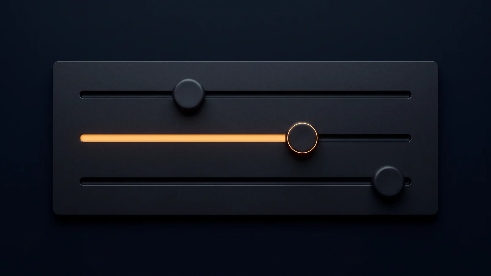 A broad wall-mounted control panel of matte near-black charcoal, wider than it is tall, dead-on in a deep blue void, its blank face carrying three long horizontal slider tracks each holding one plain rounded knob at a different position, the middle track glowing warm amber up to its knob and the tracks above and below left dark