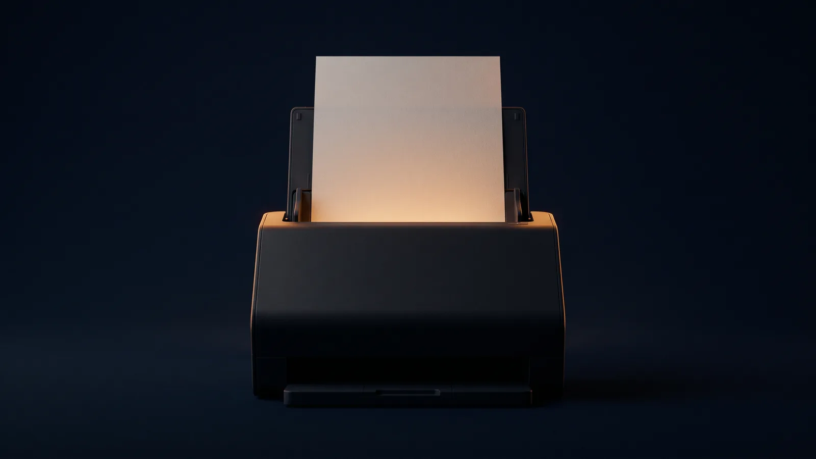 An upright sheet-fed document scanner of matte near-black glass standing dead-on in a deep blue void, one completely blank sheet standing proud of the intake slot along its top edge, the slot washing the sheet warm amber from inside the housing