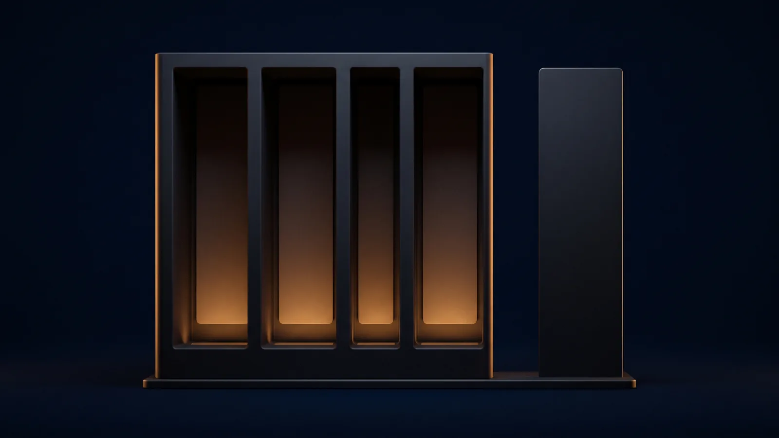 A tall blank dark docking rack standing on a low base rail in a deep blue void, four identical unmarked upright plates seated in bays washed warm amber from below, and one identical plate standing alone outside the rack at the right, dark