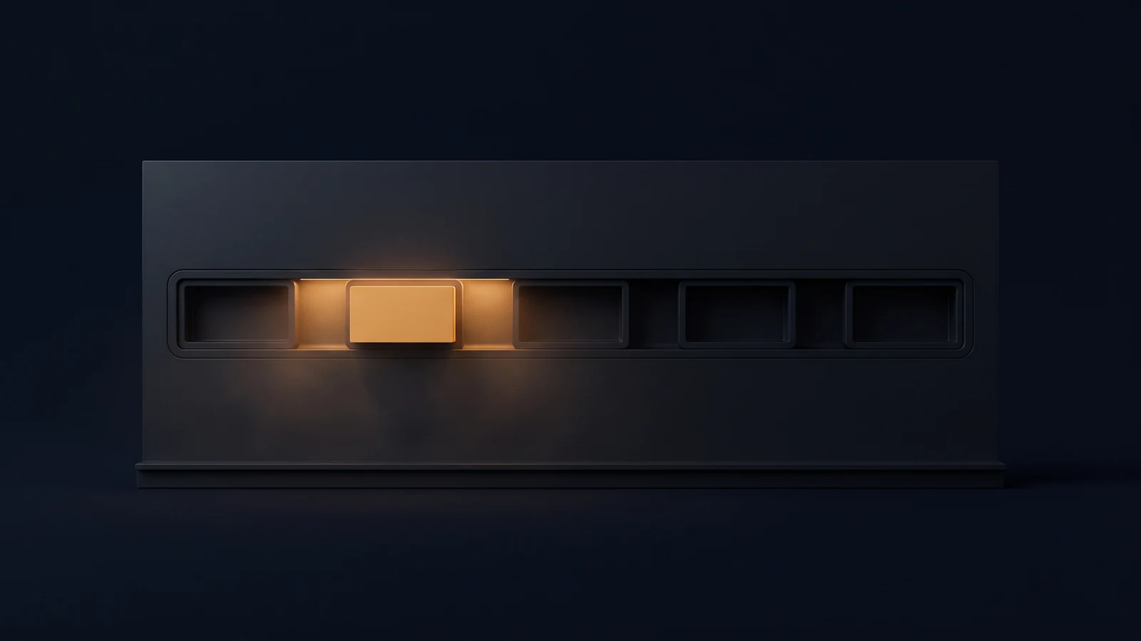 A broad blank wall panel of dark smoked charcoal in a deep blue void, one long horizontal channel across its face cut with five identical station bays, four empty and dark and the second from the left holding a plain unmarked block with that bay alone washed warm amber