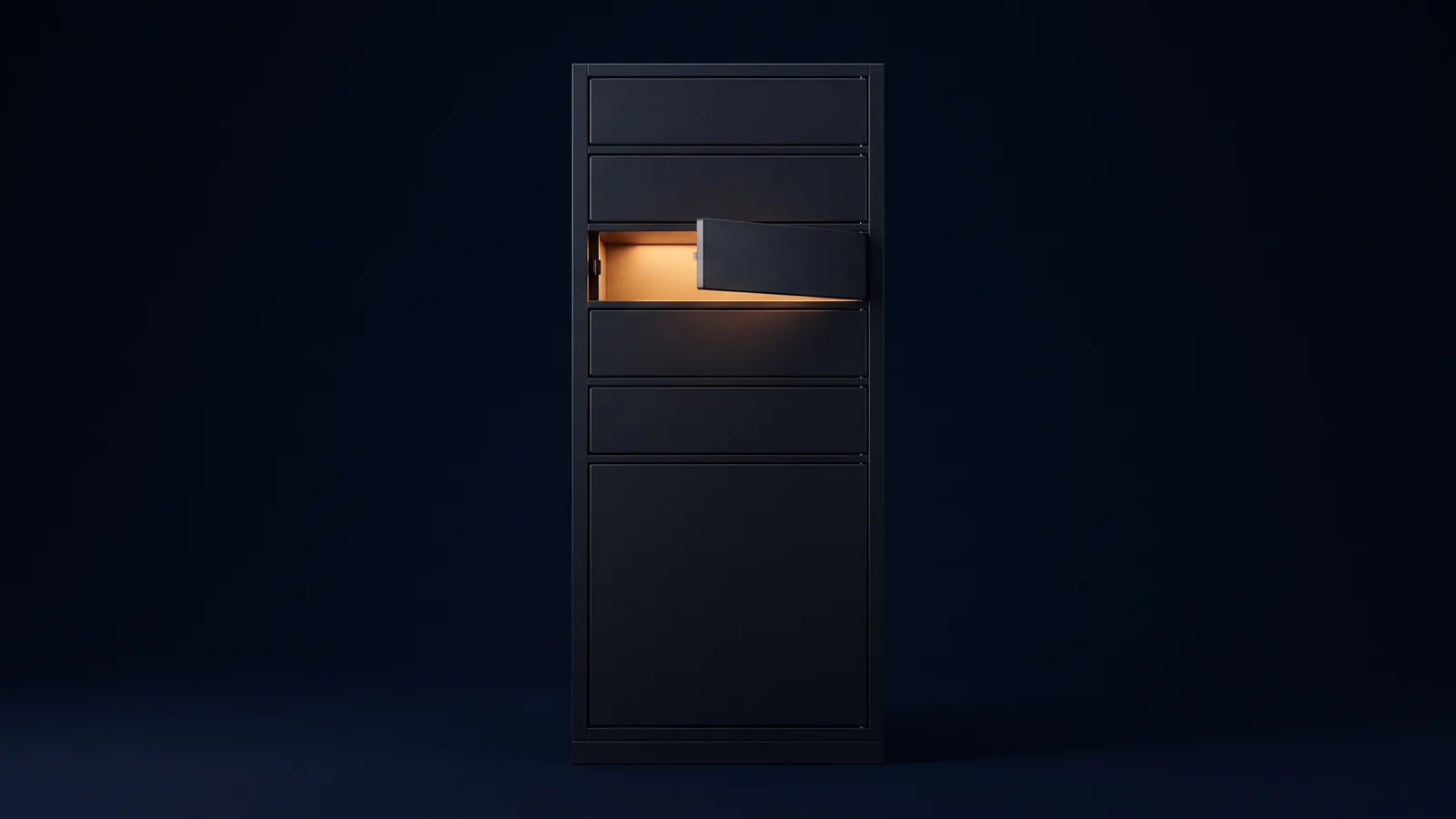 An upright bank of parcel lockers of matte near-black glass in a deep blue void, one large closed door below and a column of six small doors above, all dark except one standing ajar with its interior lit warm amber