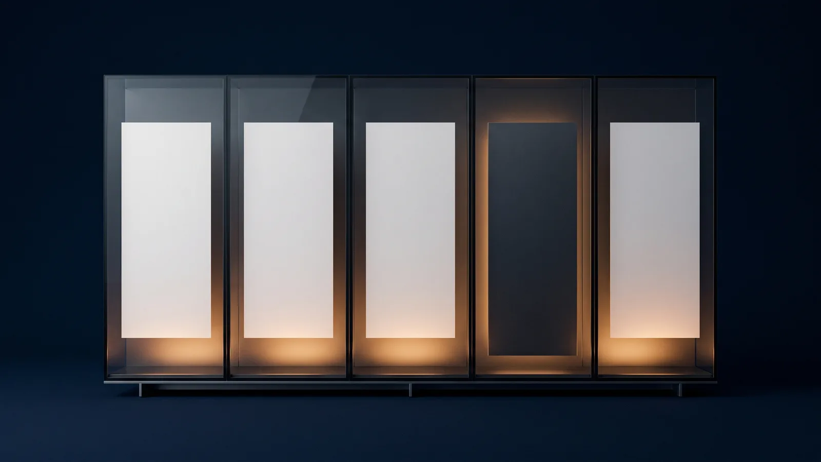 A broad upright rack of dark smoked glass standing on a low base rail in a deep blue void, divided into five tall bays side by side, four of them holding a blank pale card lit warm amber from beneath and the second bay from the right sealed shut by a dark shutter read only by a faint warm rim