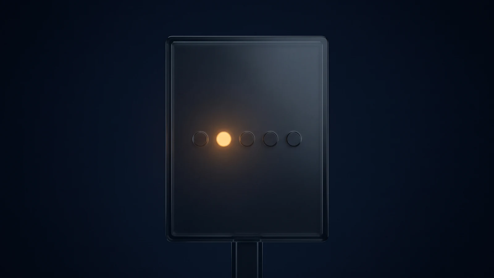 A broad upright feedback terminal of dark smoked glass standing on a slim pedestal in a deep blue void, its completely blank face carrying a row of five plain round buttons with only the second from the left glowing warm amber and the other four dark but present