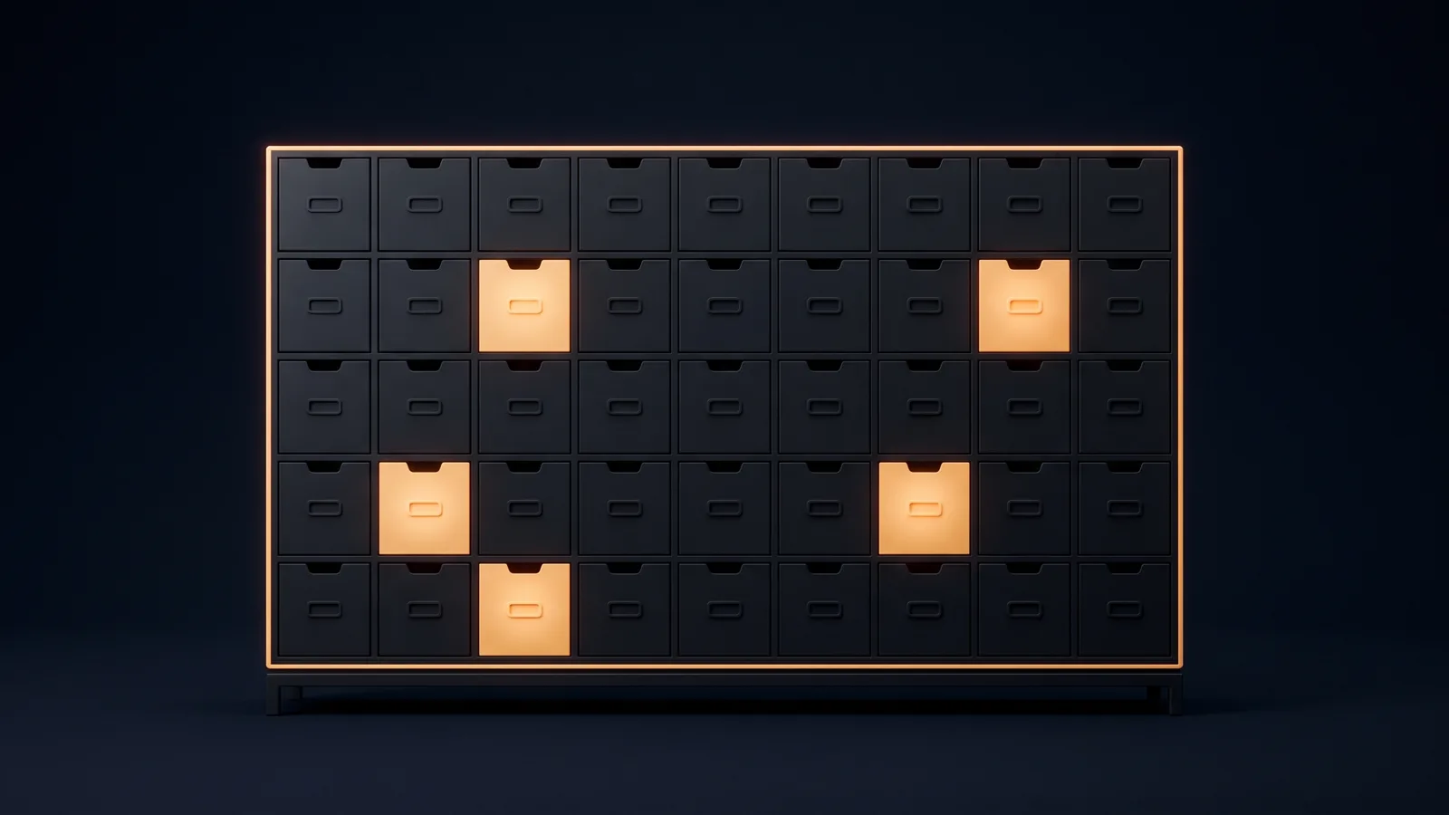 A broad dark cabinet of many identical small blank drawers in a deep blue void, five of them scattered across the grid glowing warm amber
