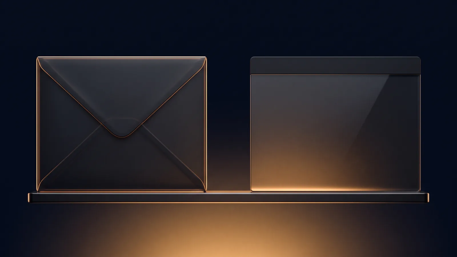 A dark glass envelope and a dark glass browser window standing side by side on a low rail in a deep blue void, the envelope traced only by a thin amber rim and the browser window glowing softly warm amber