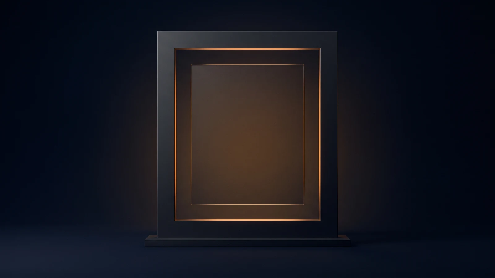 A tall dark frame standing on a low base in a deep blue void, holding inside it a smaller blank panel washed dimly warm amber