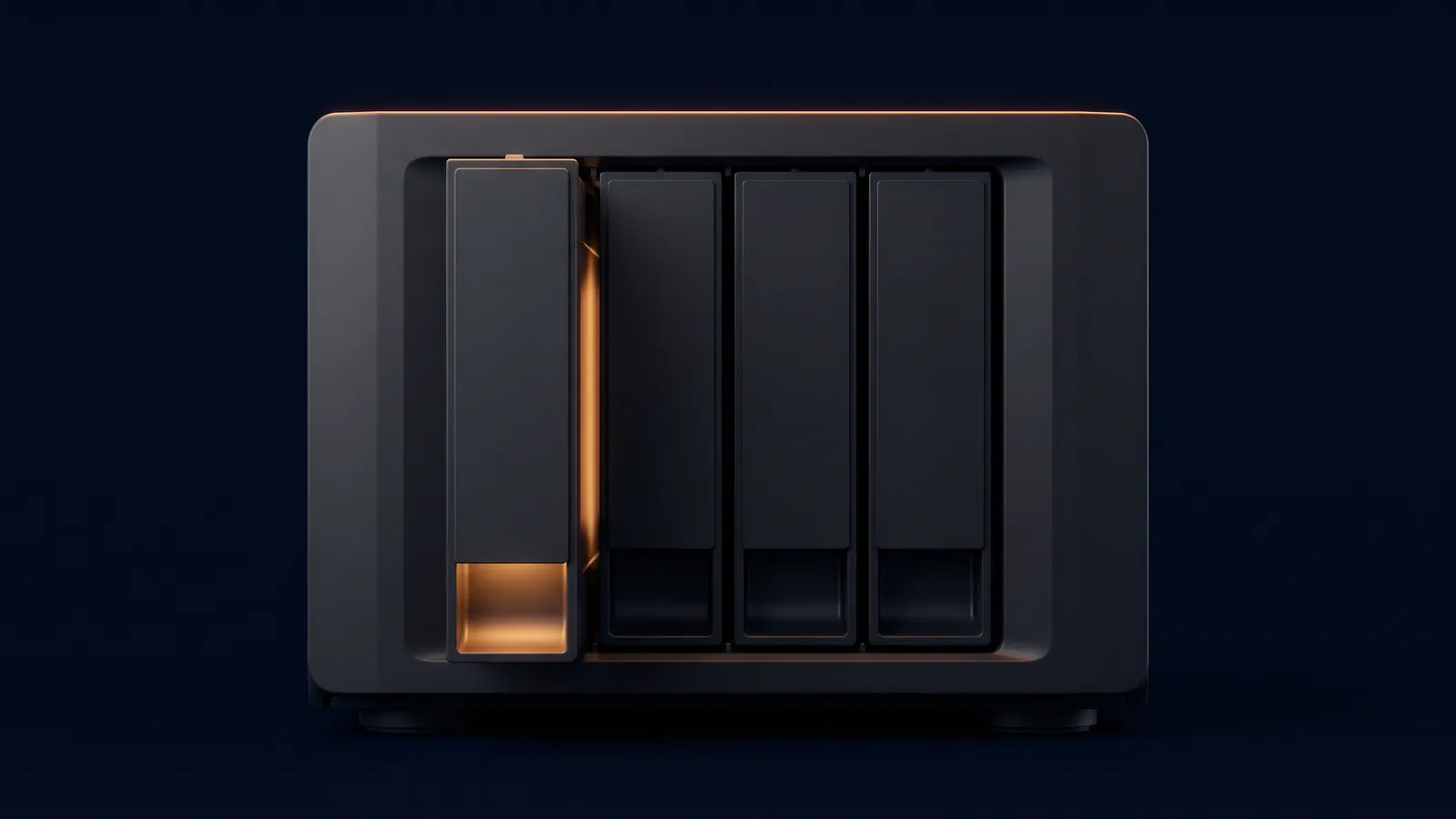 A broad dark storage enclosure with four blank drive bays seen dead-on in a deep blue void, the leftmost drive tray pulled forward out of the housing and the empty channel behind it glowing warm amber