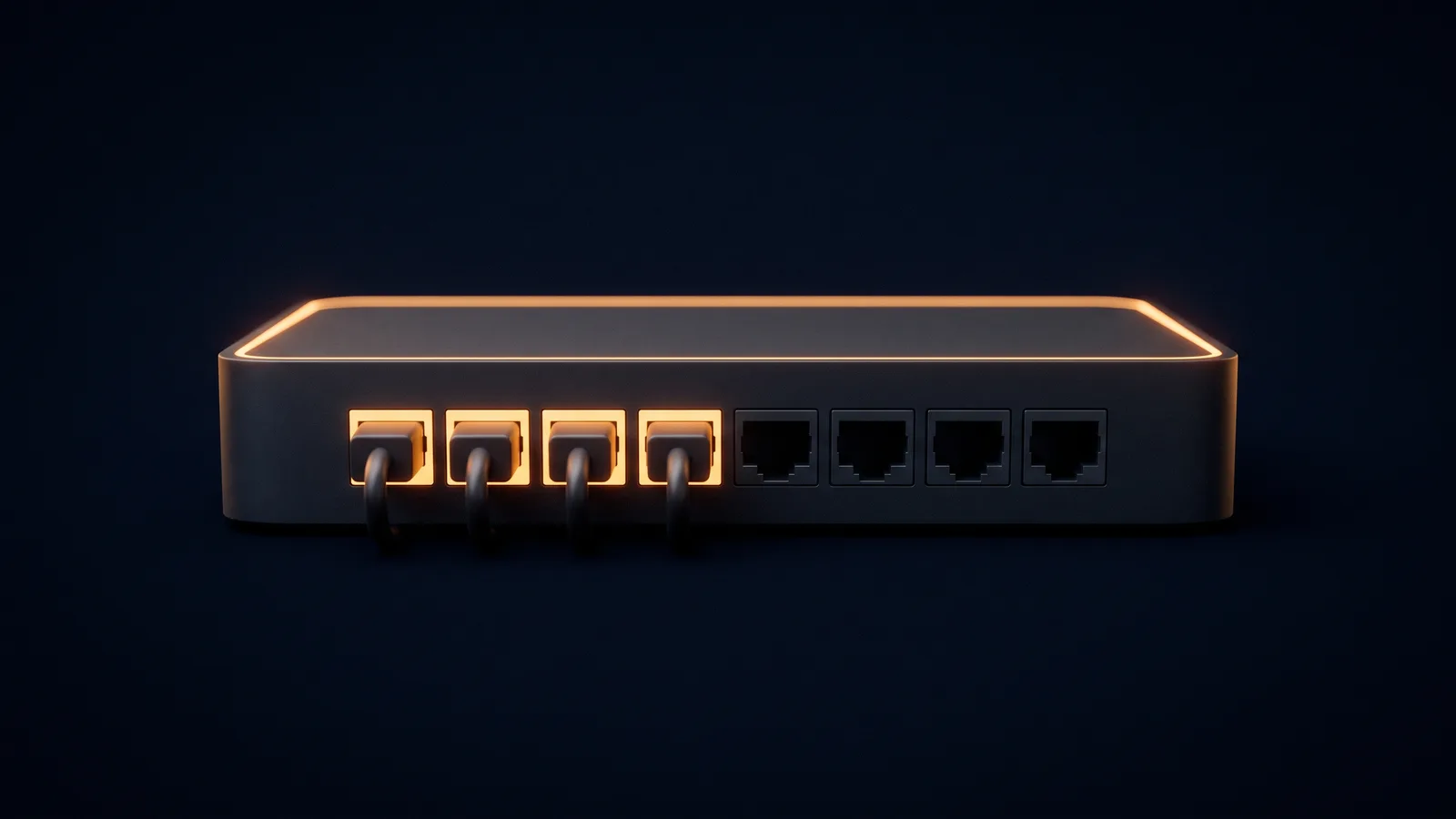 A dark desktop network switch in a deep blue void, the four ports on the left holding plugs lit warm amber and the four on the right empty and dark