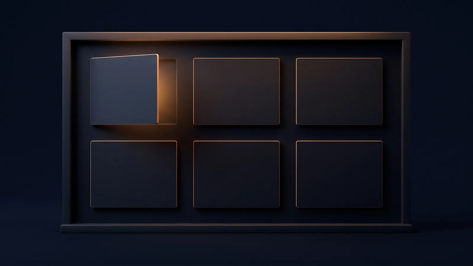 A broad blank dark noticeboard frame in a deep blue void holding six identical unmarked cards in two rows of three, five lying flush and dark and the card at the upper left standing proud with the recess behind it washed warm amber