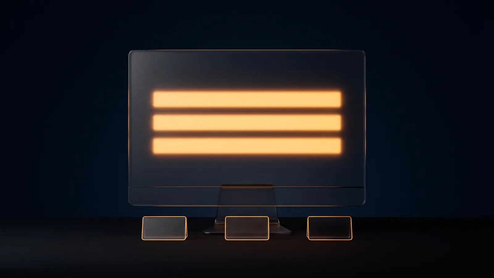 A desktop monitor of dark smoked glass on a short stand in a deep blue void, three blank rows glowing warm amber across its dark screen, with three small glass cards rimmed in amber standing in a row in front of it