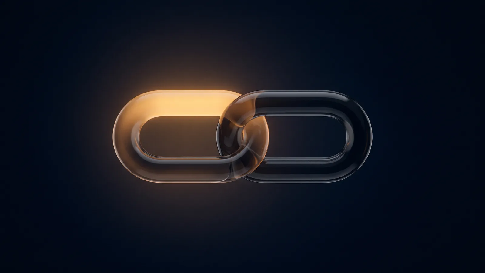 Two large oval chain links of dark smoked glass interlocked at the center of a deep blue void, the left link glowing warm amber and the right one dark