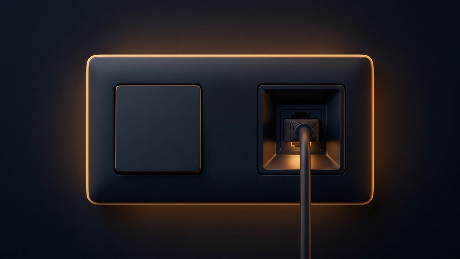 A broad dark wall-mounted panel with a warm amber rim in a deep blue void, holding two square ports side by side, the left sealed with a blank cover and the right with a single cable plugged in and running straight down