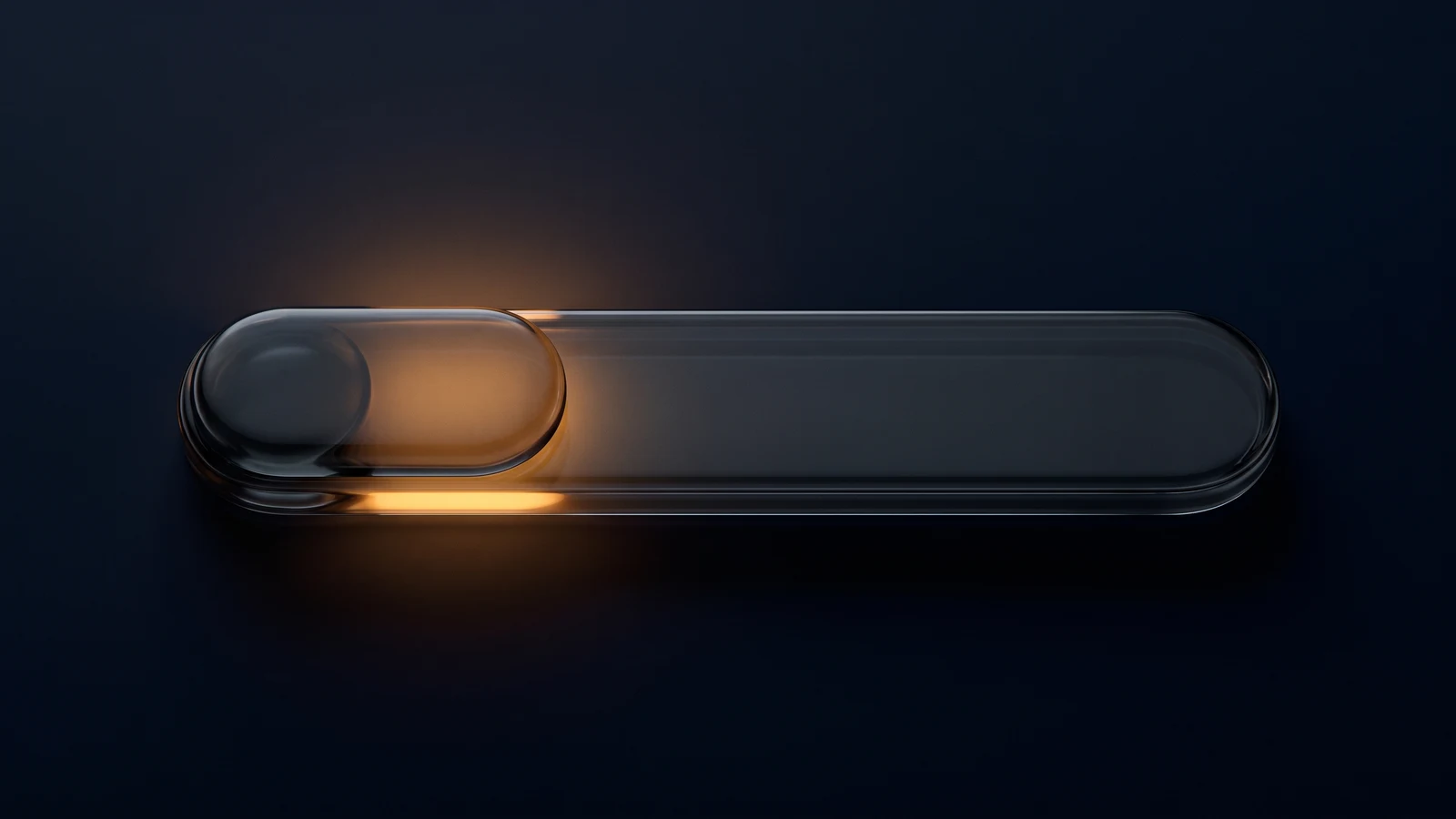 One oversized toggle switch of dark smoked glass lying horizontally in a deep blue void, its knob resting at the left end with warm amber light behind it