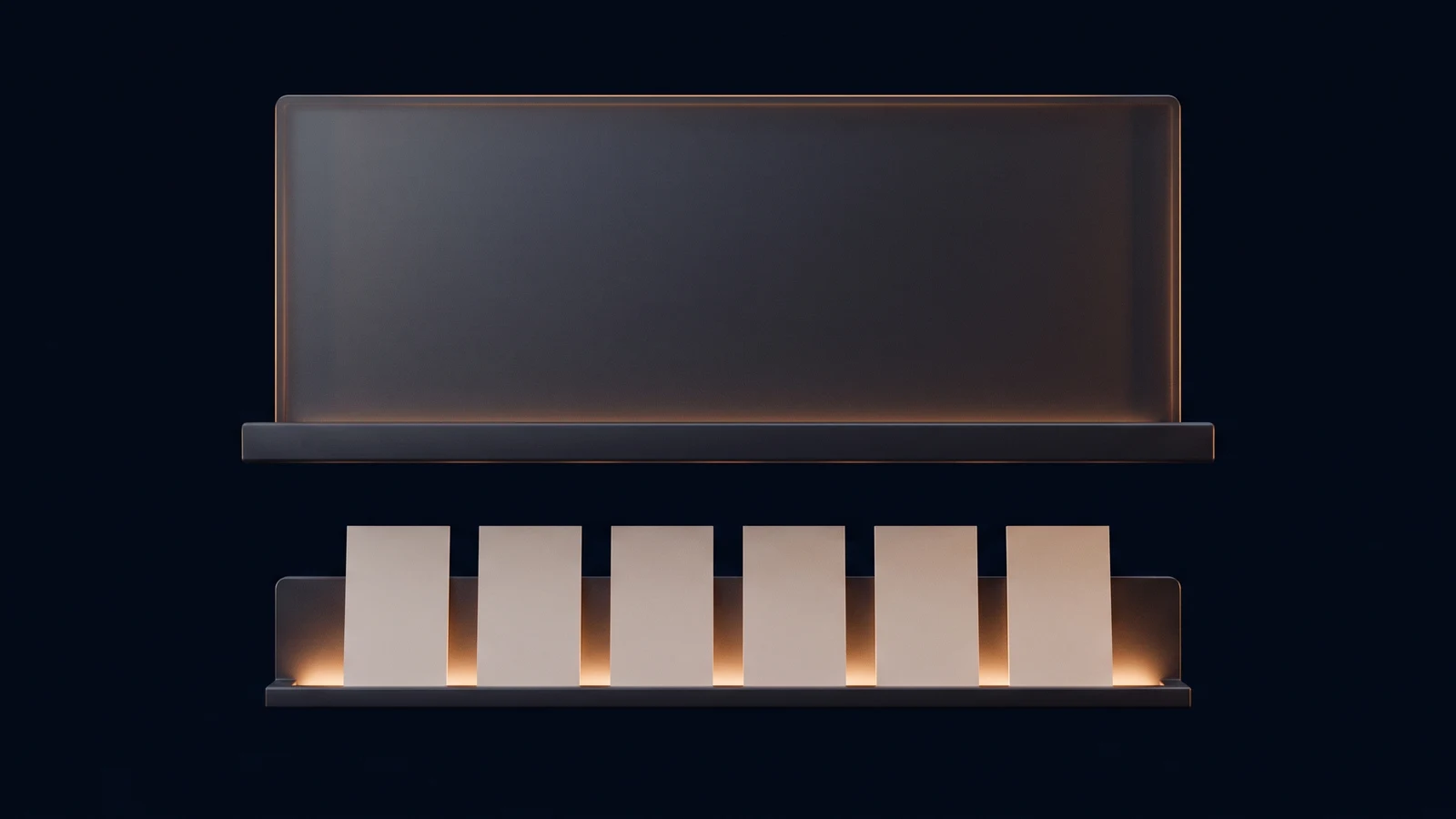 A broad dark blank display panel standing unlit in a deep blue void above a separate narrow rail holding six short blank upright strips, the rail alone washed warm amber from a light source low inside it