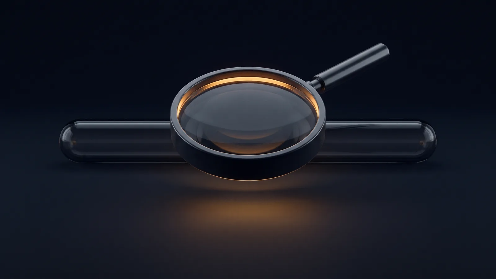 A round magnifying lens of dark smoked glass hovering above a long blank pill-shaped bar in a deep blue void, warm amber light glowing around the lens rim