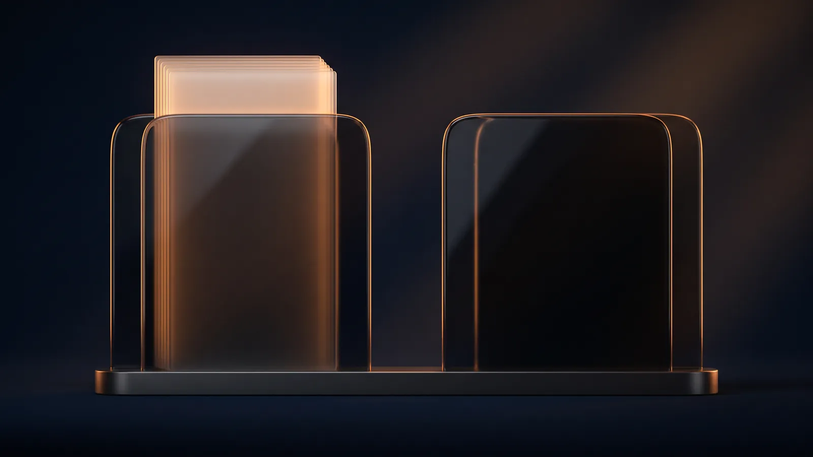 Two blank chat window panels of dark smoked glass standing side by side on a low base rail in a deep blue void, the left one with a stack of blank cards glowing warm amber docked behind it and the right one dark with a thin amber rim