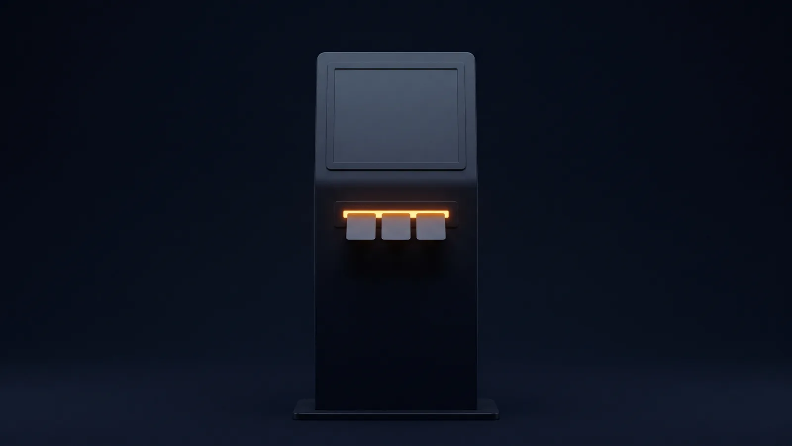 An upright self-service kiosk terminal of matte near-black glass standing dead-on in a deep blue void, its screen a completely blank dark panel, three blank cards standing proud from a warm amber lit slot below it