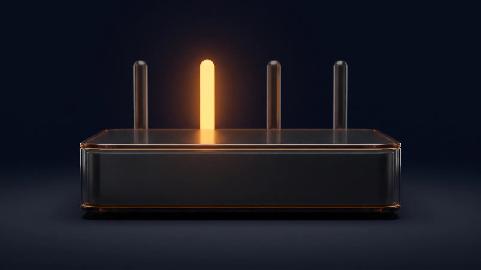 A broad low wireless router of dark smoked glass rimmed in amber in a deep blue void, four upright antennas along its back edge, the second from the left glowing warm amber while the other three stay dark