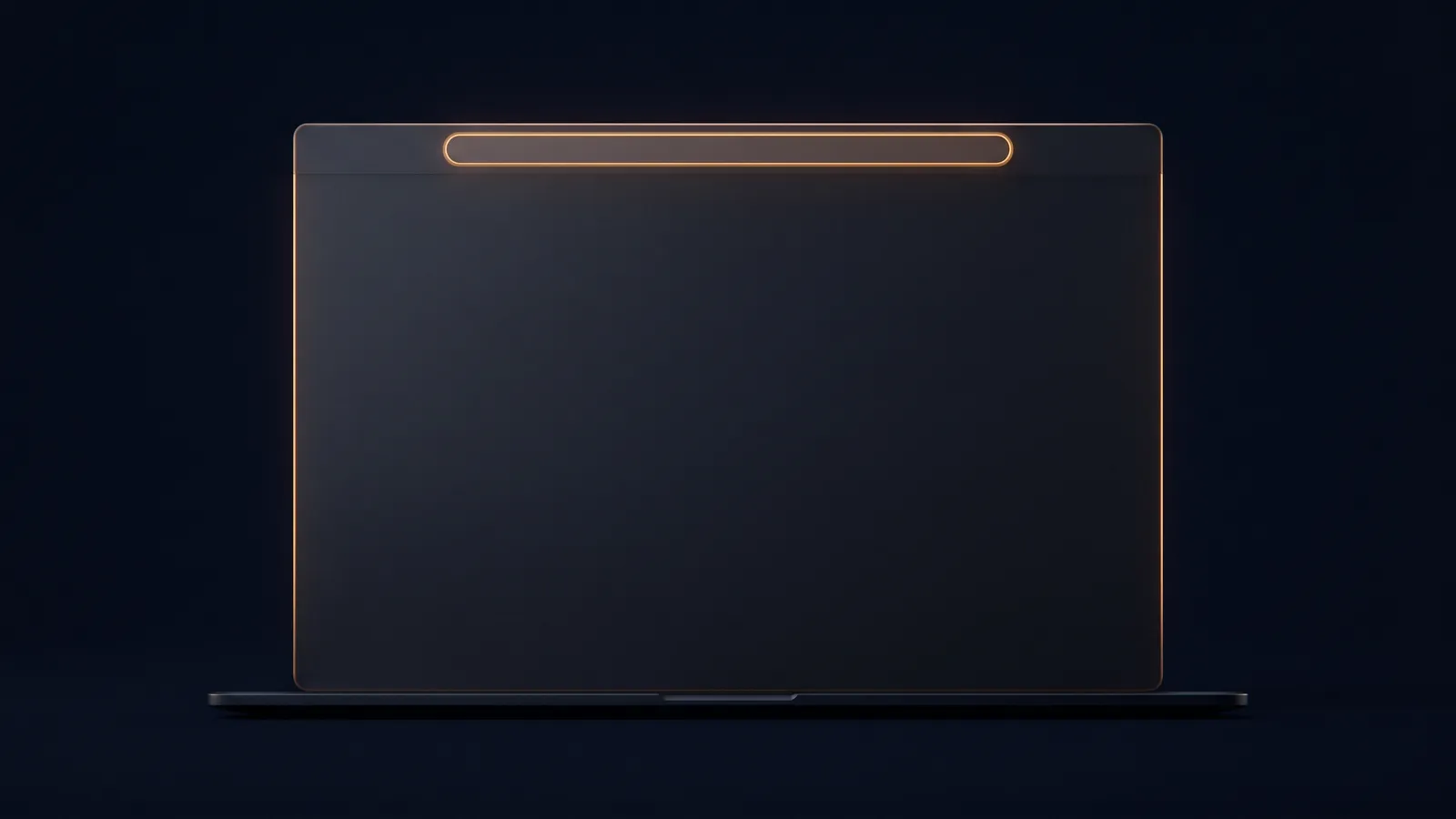 A dark open laptop standing dead-on in a deep blue void, its screen a completely blank dark panel traced by a thin warm rim, with one long rounded address bar along the top of the screen glowing warm amber